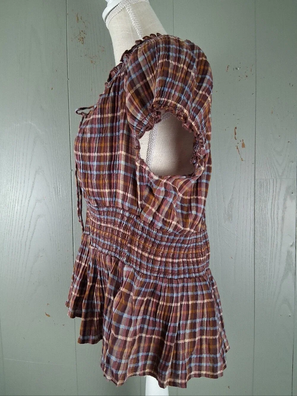 Off Shoulder Cottagecore Shirred Blouse L Brown Plaid Milk Maid Stretch Country
